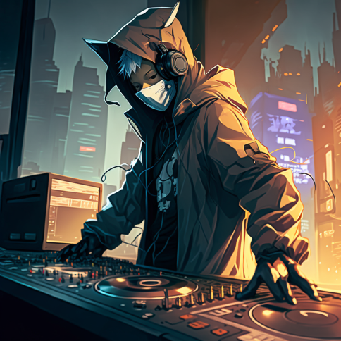 Grapplers Graveyard Author animated dj with hoodie and two turntables